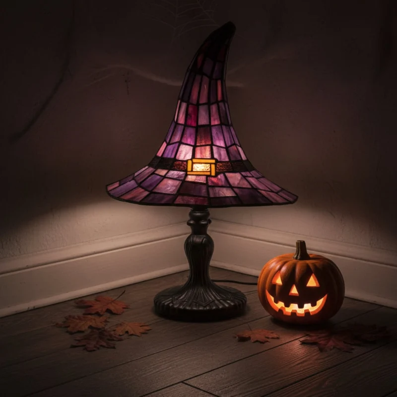 Halloween Small Night Decoration Stained-Glass Witch’s Hat Table Lamp