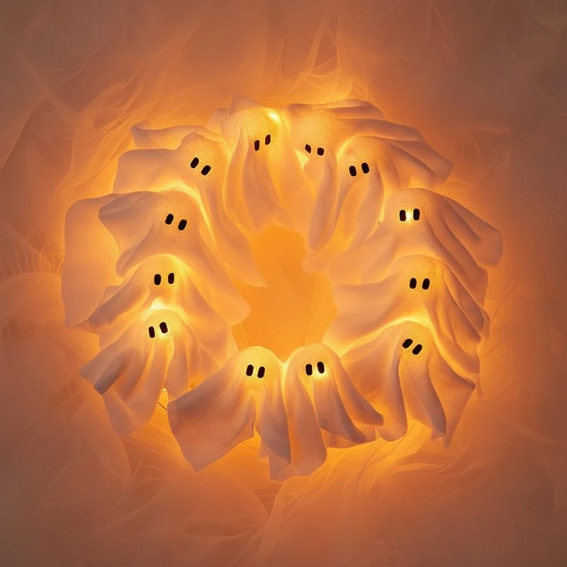 Halloween Door Wreath with Glowing LED Ghosts and Gauze