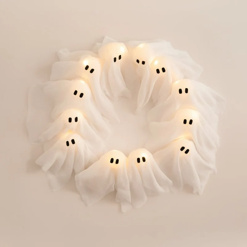 Halloween Door Wreath with Glowing LED Ghosts and Gauze