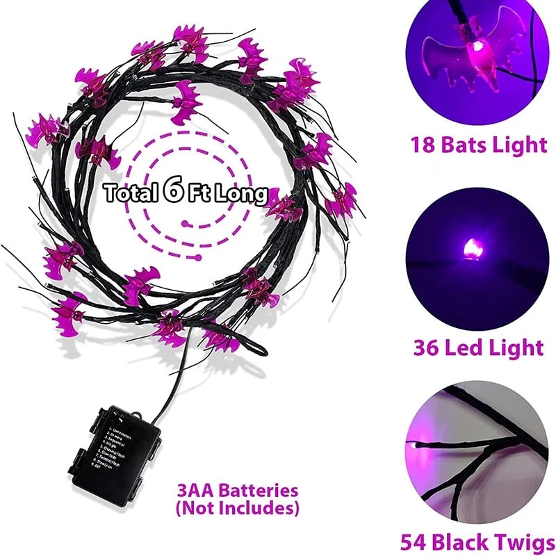 Halloween LED string lights with bats and pumpkins for indoor and garden decoration