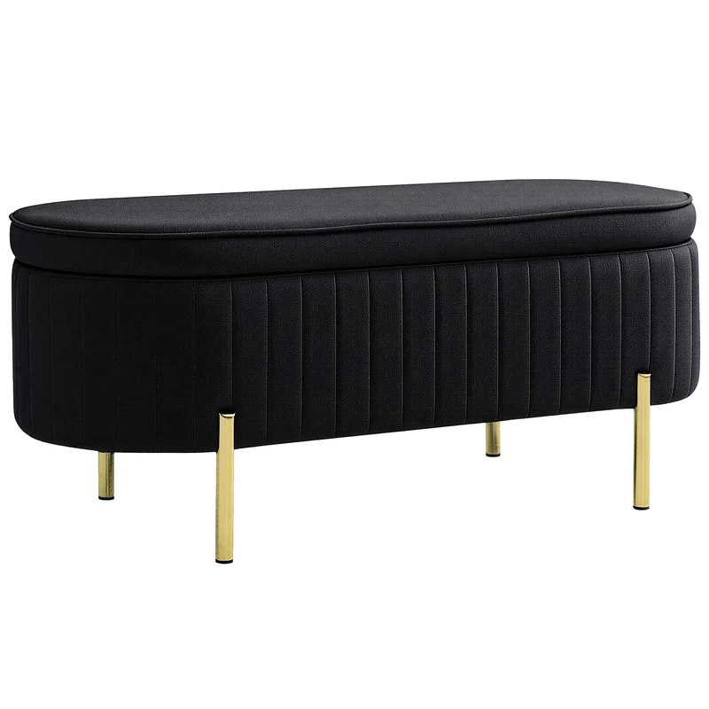 Panca Contenitore Ingresso Ovale 72L con Coperchio Sollevabile Seduta Imbottita in Velluto Nero