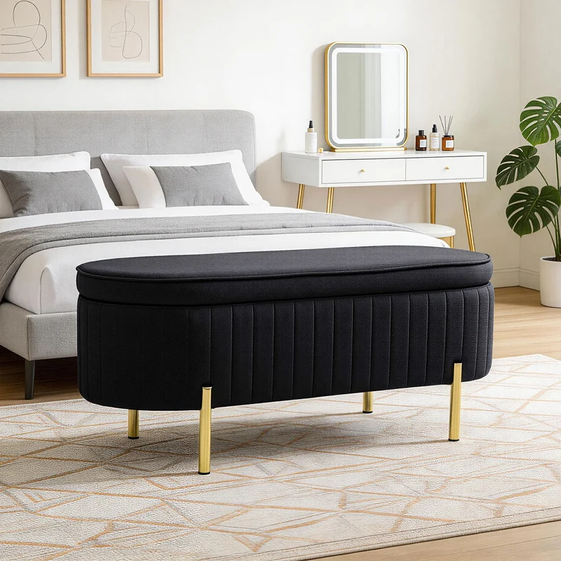 Panca Contenitore Ingresso Ovale 72L con Coperchio Sollevabile Seduta Imbottita in Velluto Nero