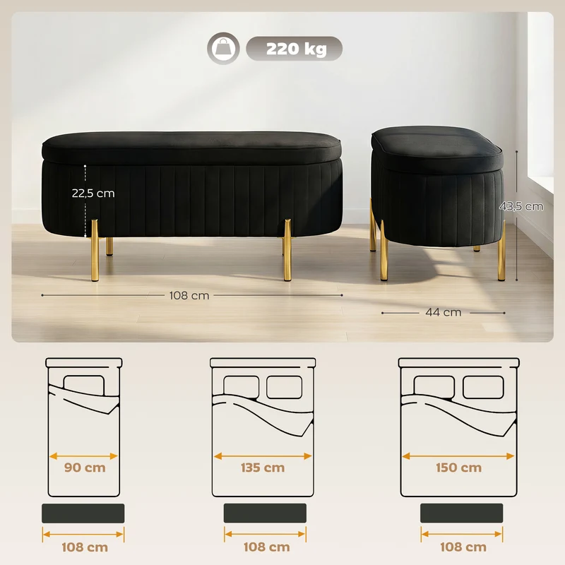 Panca Contenitore Ingresso Ovale 72L con Coperchio Sollevabile Seduta Imbottita in Velluto Nero