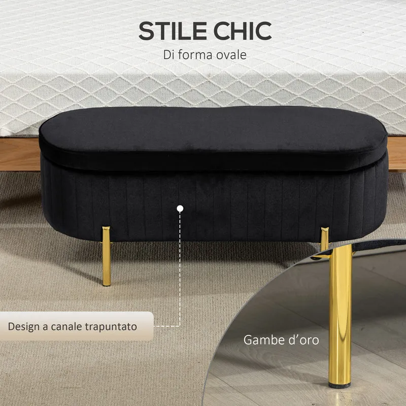 Panca Contenitore Ingresso Ovale 72L con Coperchio Sollevabile Seduta Imbottita in Velluto Nero