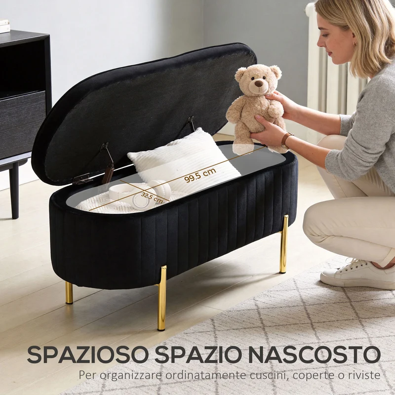 Panca Contenitore Ingresso Ovale 72L con Coperchio Sollevabile Seduta Imbottita in Velluto Nero