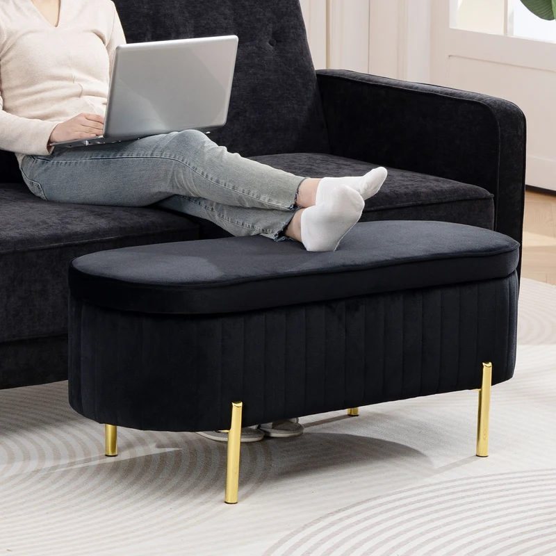 Panca Contenitore Ingresso Ovale 72L con Coperchio Sollevabile Seduta Imbottita in Velluto Nero