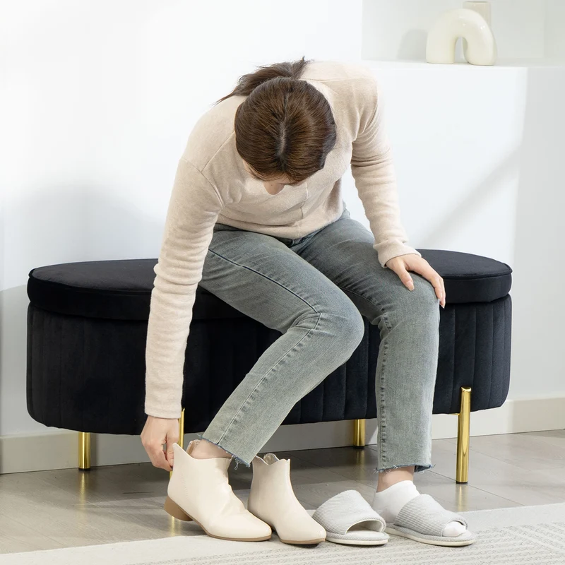Panca Contenitore Ingresso Ovale 72L con Coperchio Sollevabile Seduta Imbottita in Velluto Nero