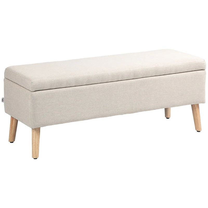 Cassapanca Contenitore 110x39x45 cm Gambe in Legno di Caucciù Capacità 220 kg in Tessuto Effetto Lino Beige