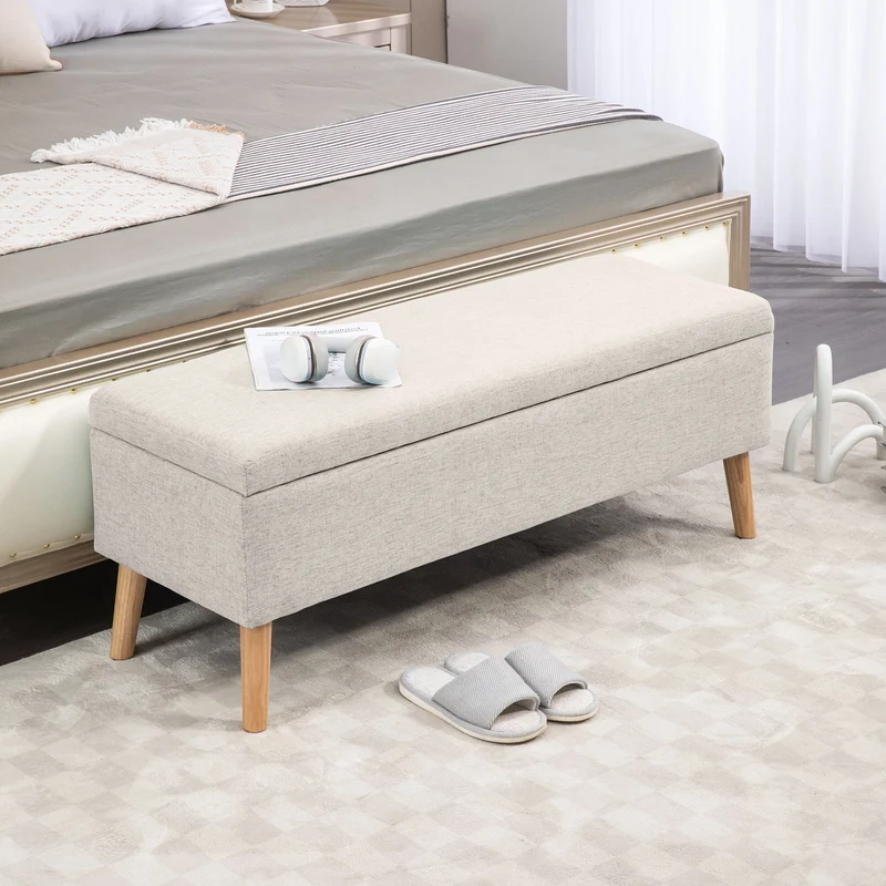 Cassapanca Contenitore 110x39x45 cm Gambe in Legno di Caucciù Capacità 220 kg in Tessuto Effetto Lino Beige