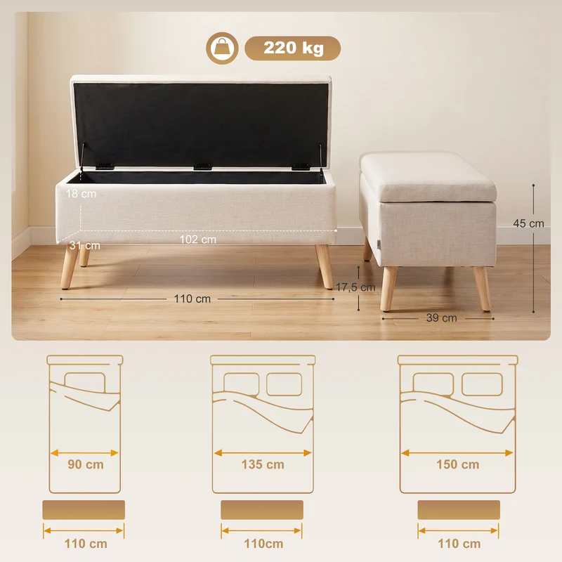 Cassapanca Contenitore 110x39x45 cm Gambe in Legno di Caucciù Capacità 220 kg in Tessuto Effetto Lino Beige