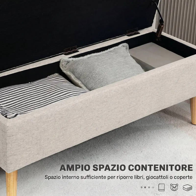 Cassapanca Contenitore 110x39x45 cm Gambe in Legno di Caucciù Capacità 220 kg in Tessuto Effetto Lino Beige