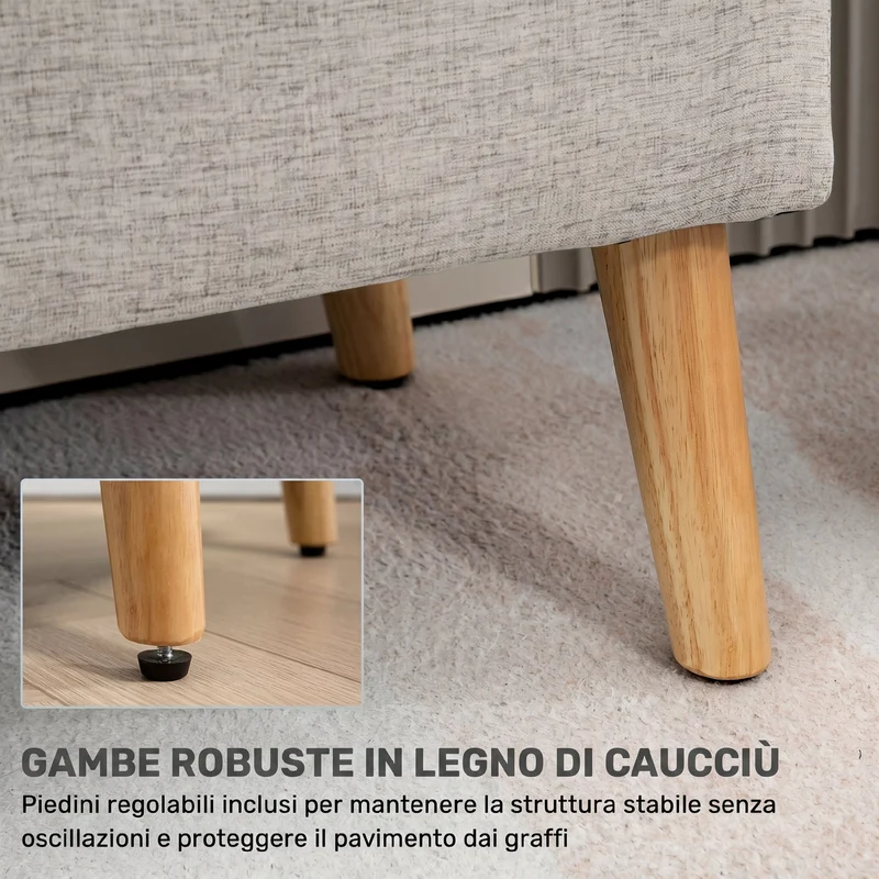 Cassapanca Contenitore 110x39x45 cm Gambe in Legno di Caucciù Capacità 220 kg in Tessuto Effetto Lino Beige