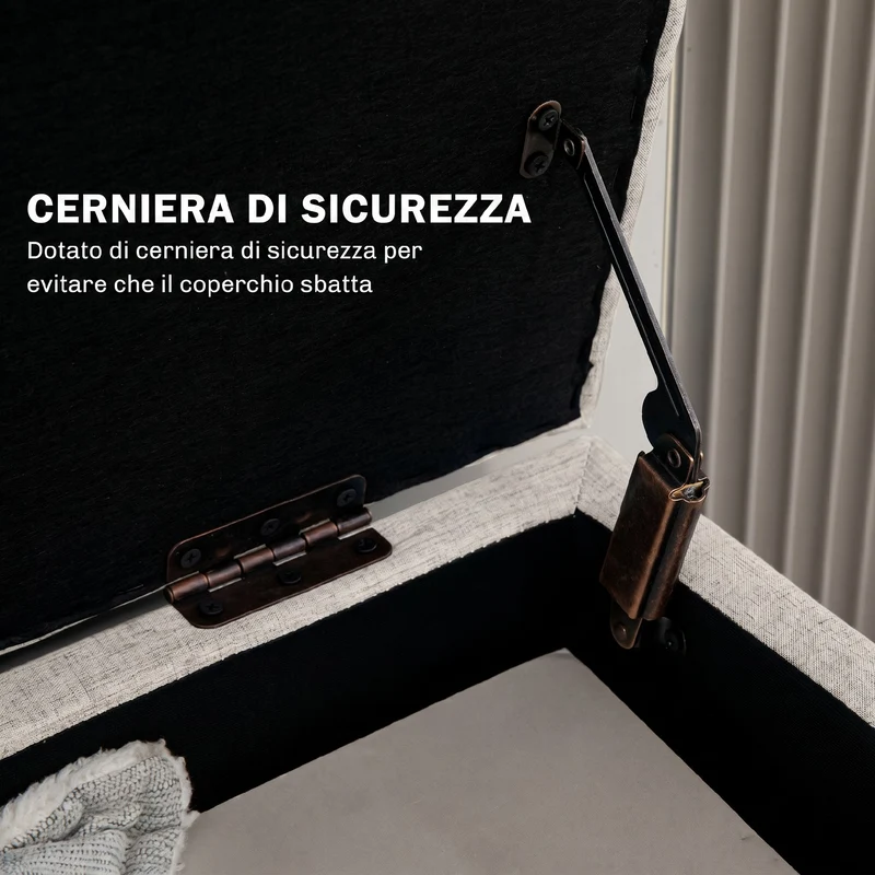 Cassapanca Contenitore 110x39x45 cm Gambe in Legno di Caucciù Capacità 220 kg in Tessuto Effetto Lino Beige