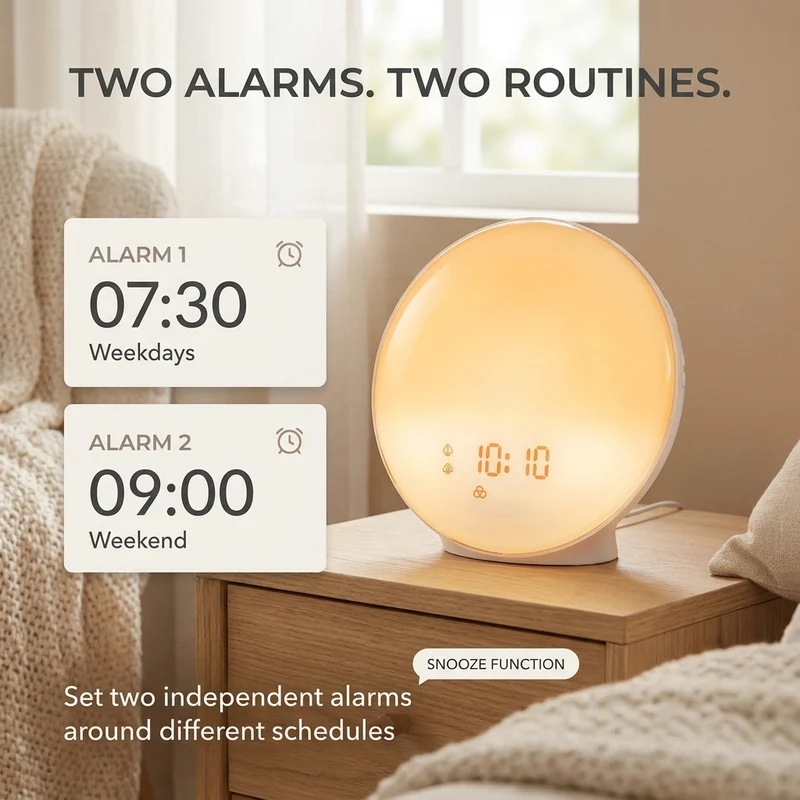 Wake-uplicht wekker – zonsopgang, dubbel alarm en FM-radio