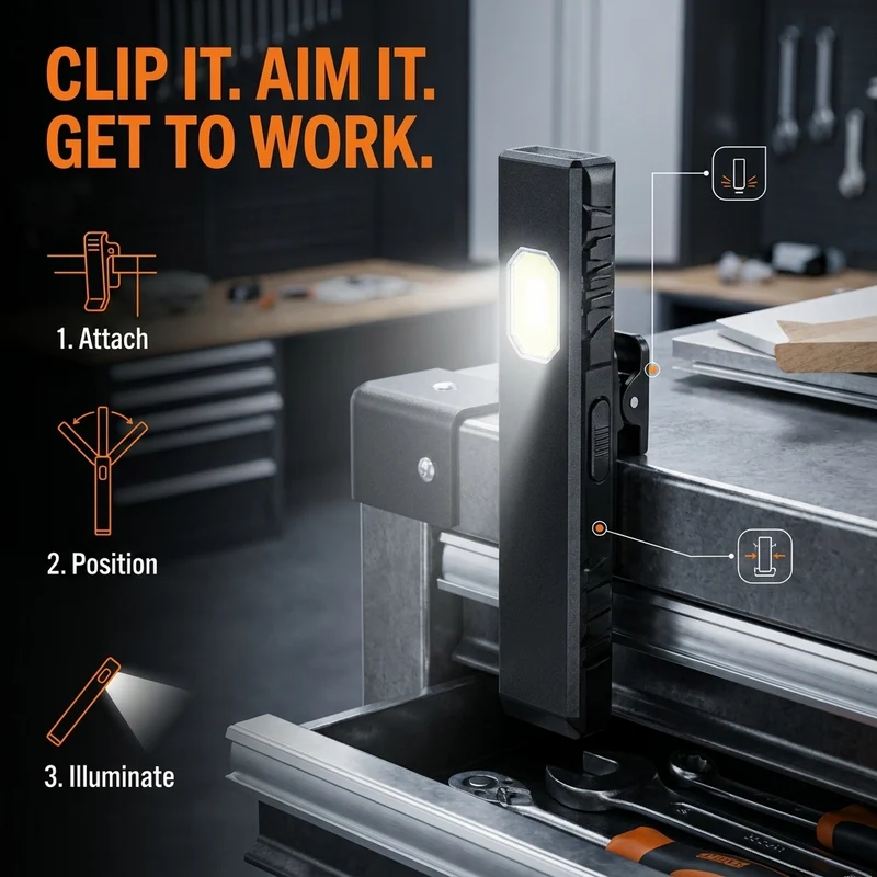 LED-werklamp – draagbaar met clip en vijf lichtstanden voor buiten