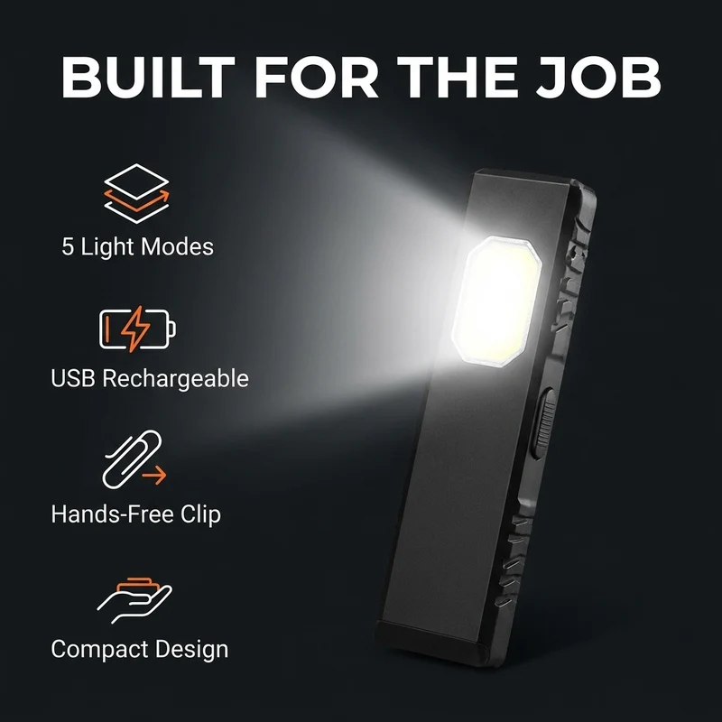 LED-werklamp – draagbaar met clip en vijf lichtstanden voor buiten