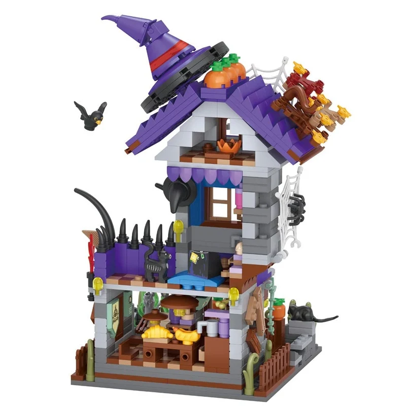 Kids' Halloween Building Blocks Construction Set with Pumpkin House Ghosts and Scarecrow Figure