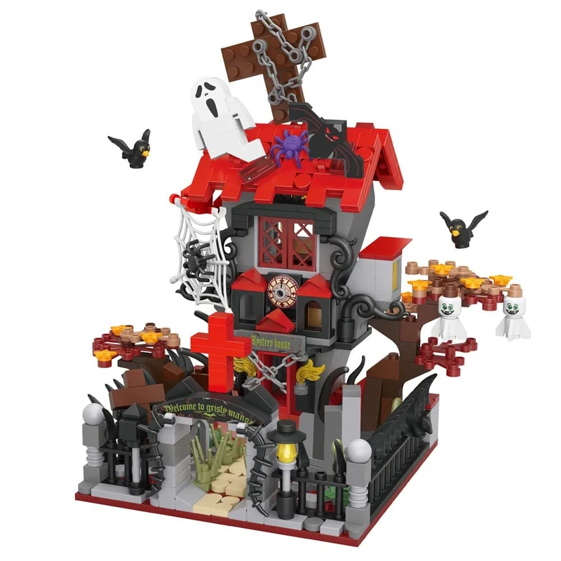 Kids' Halloween Building Blocks Construction Set with Pumpkin House Ghosts and Scarecrow Figure