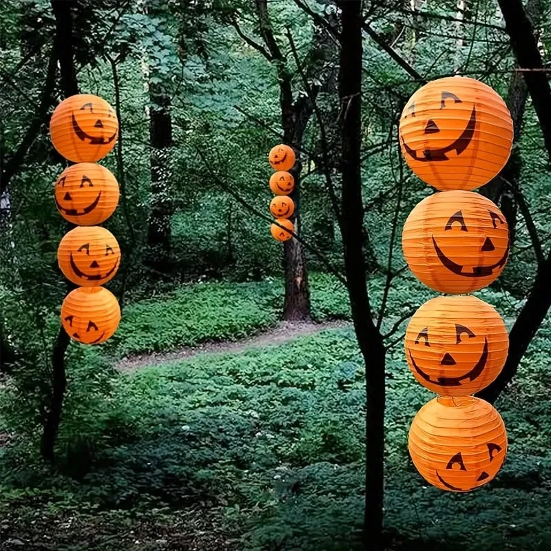 Halloween Paper Lanterns with Jack-O-Lantern Faces Set of 12 Hanging Orange Pumpkin Collapsible