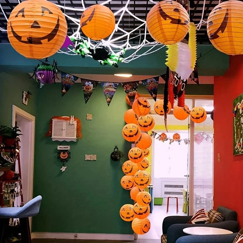 Halloween Paper Lanterns with Jack-O-Lantern Faces Set of 12 Hanging Orange Pumpkin Collapsible