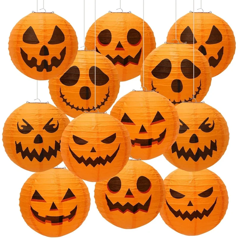 Halloween Paper Lanterns with Jack-O-Lantern Faces Set of 12 Hanging Orange Pumpkin Collapsible