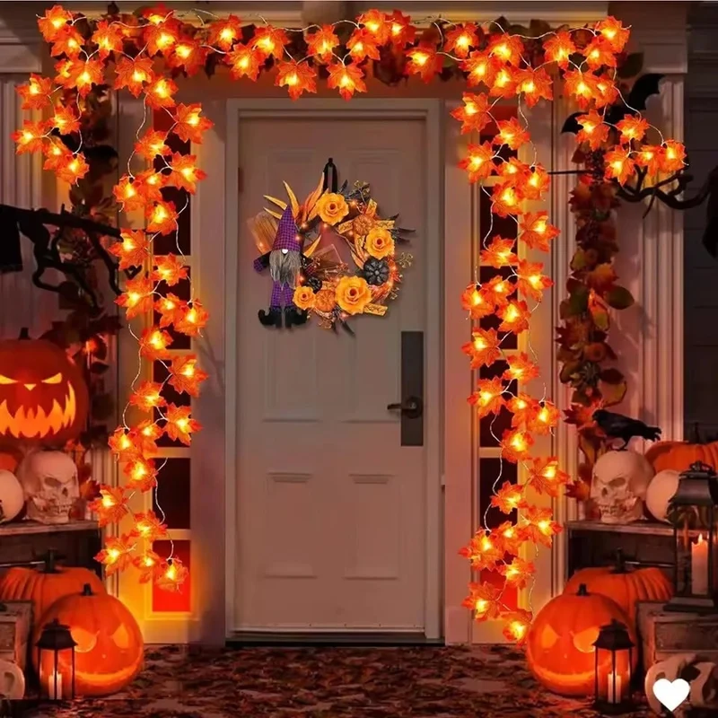 Fall String Lights with Artificial Maple Leaves Warm LED Outdoor Patio Garland
