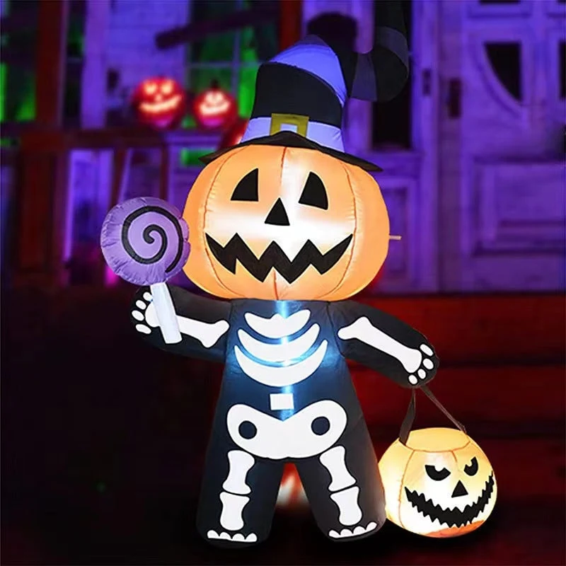 Halloween Inflatable Garden Decoration with LED Lighting Featuring Pumpkin and Skeleton Motifs