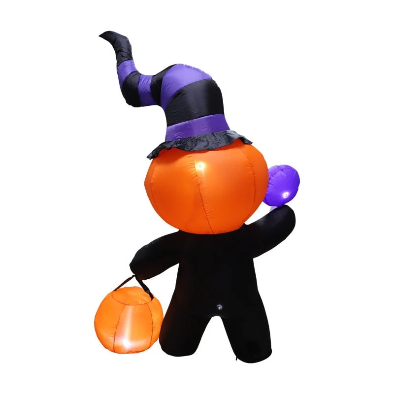 Halloween Inflatable Garden Decoration with LED Lighting Featuring Pumpkin and Skeleton Motifs