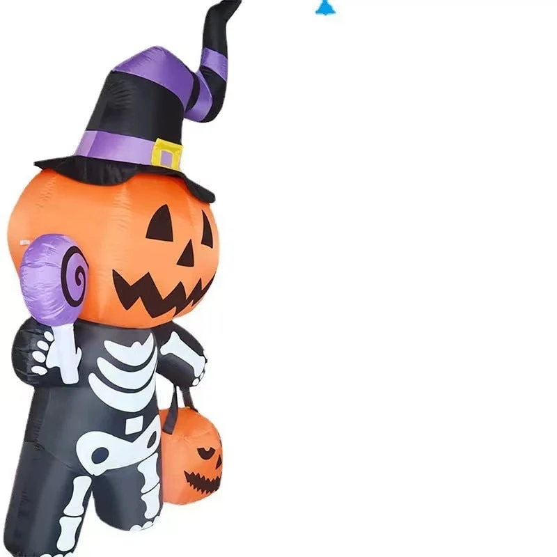 Halloween Inflatable Garden Decoration with LED Lighting Featuring Pumpkin and Skeleton Motifs
