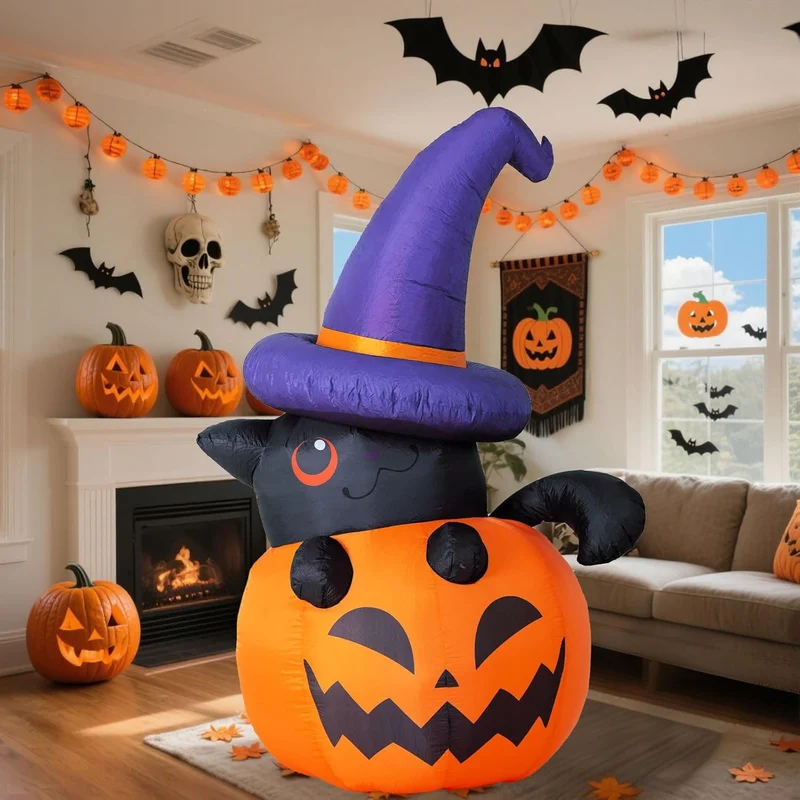 Halloween Inflatable Garden Decoration with LED Lighting Featuring Pumpkin and Skeleton Motifs