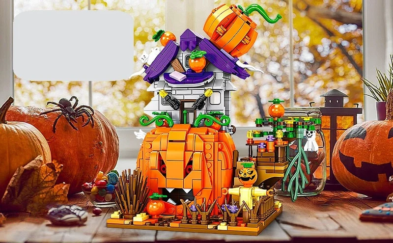 Halloween Construction Blocks Decorative House with a Scary Pumpkin and Ghosts for Children’s Home