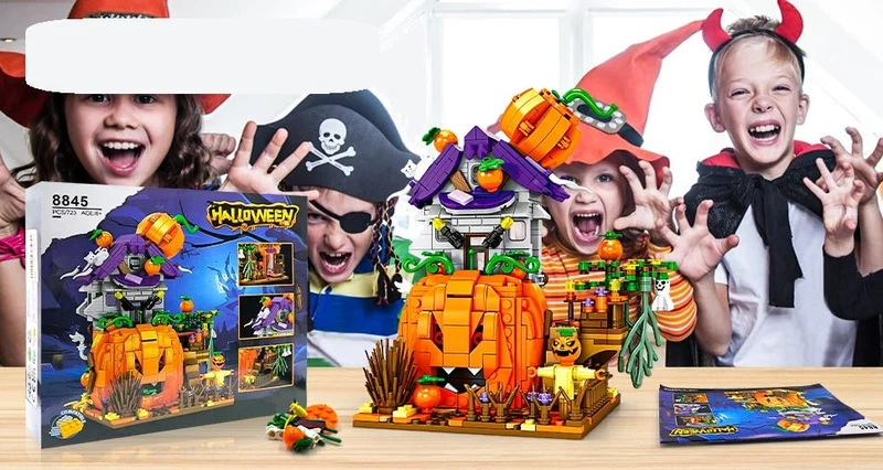 Halloween Construction Blocks Decorative House with a Scary Pumpkin and Ghosts for Children’s Home