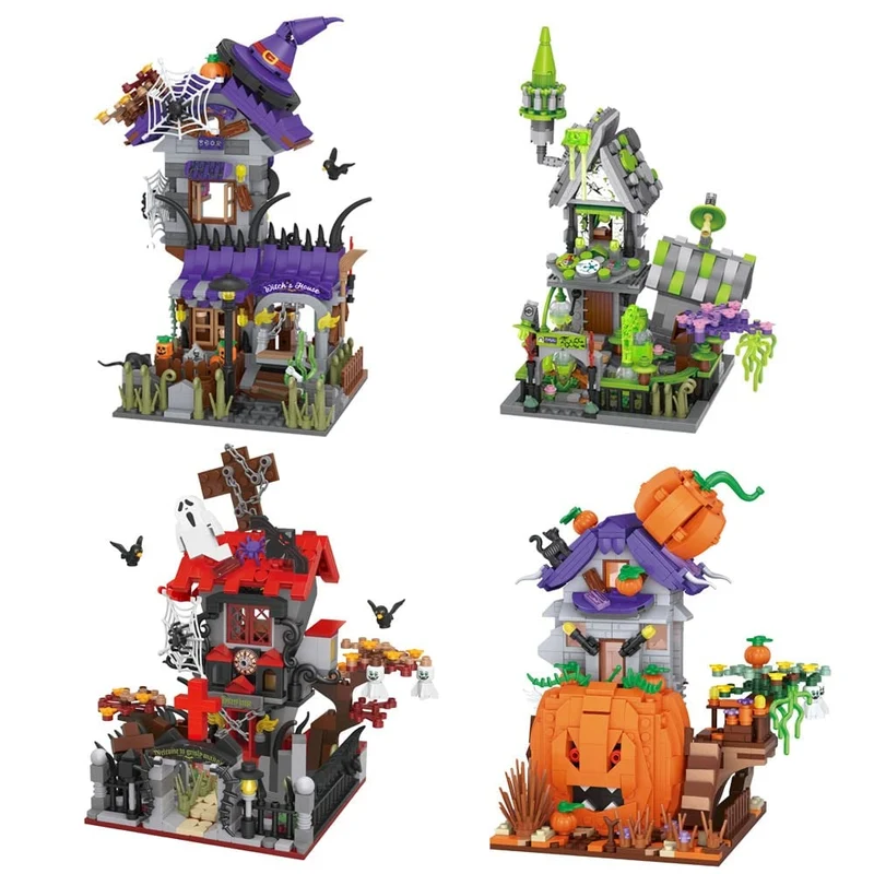 Halloween Construction Blocks Decorative House with a Scary Pumpkin and Ghosts for Children’s Home