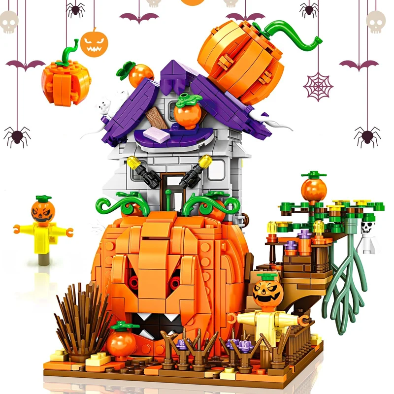 Halloween Construction Blocks Decorative House with a Scary Pumpkin and Ghosts for Children’s Home