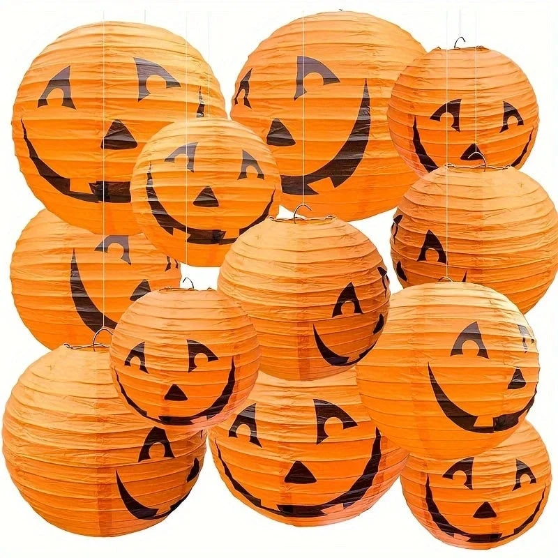 Halloween Hanging Paper Pumpkin Lanterns, Round Set of 12