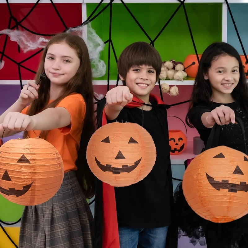 Halloween Hanging Paper Pumpkin Lanterns, Round Set of 12