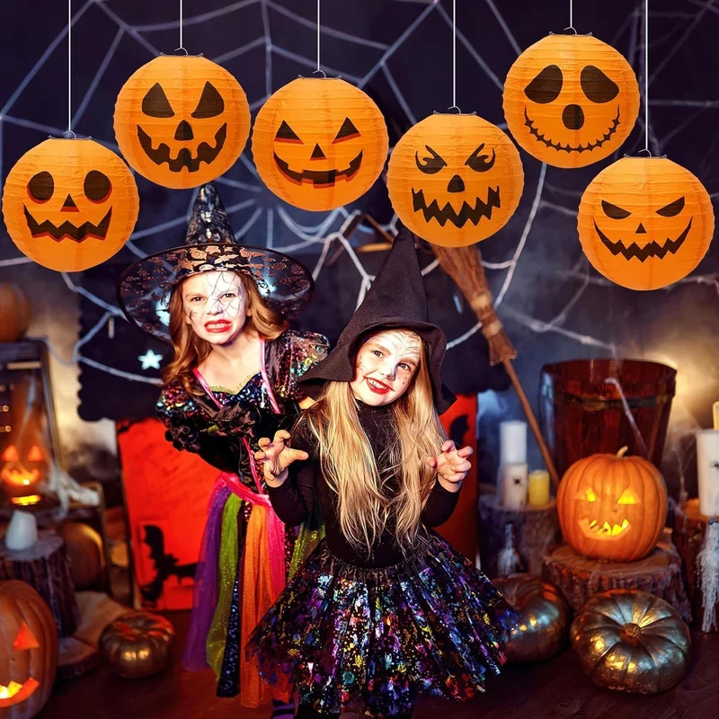 Halloween Hanging Paper Pumpkin Lanterns, Round Set of 12