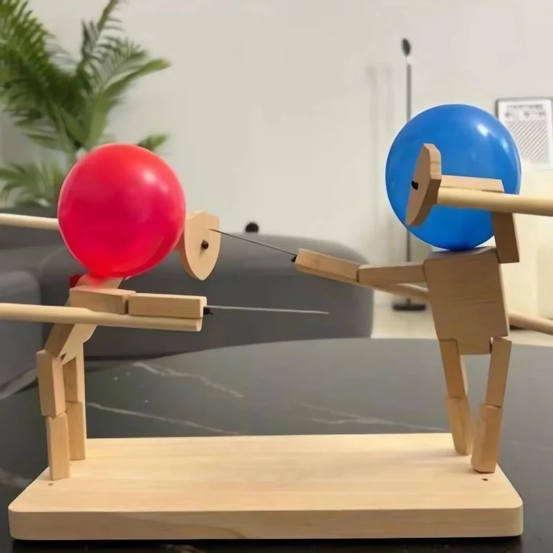 Two-Player Balloon Battle Arcade Game with Wooden Figurines