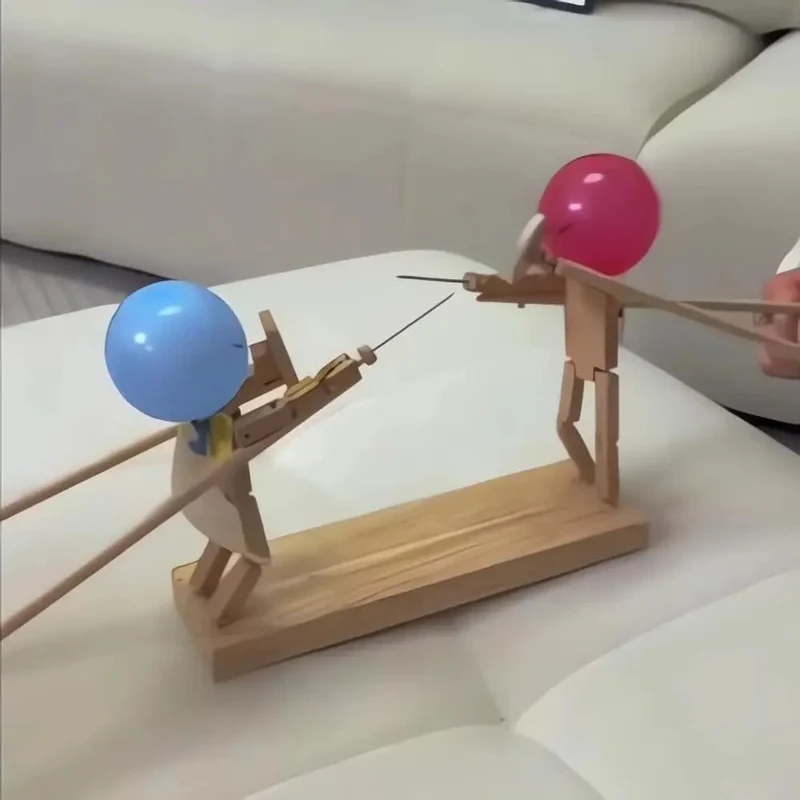 Two-Player Balloon Battle Arcade Game with Wooden Figurines