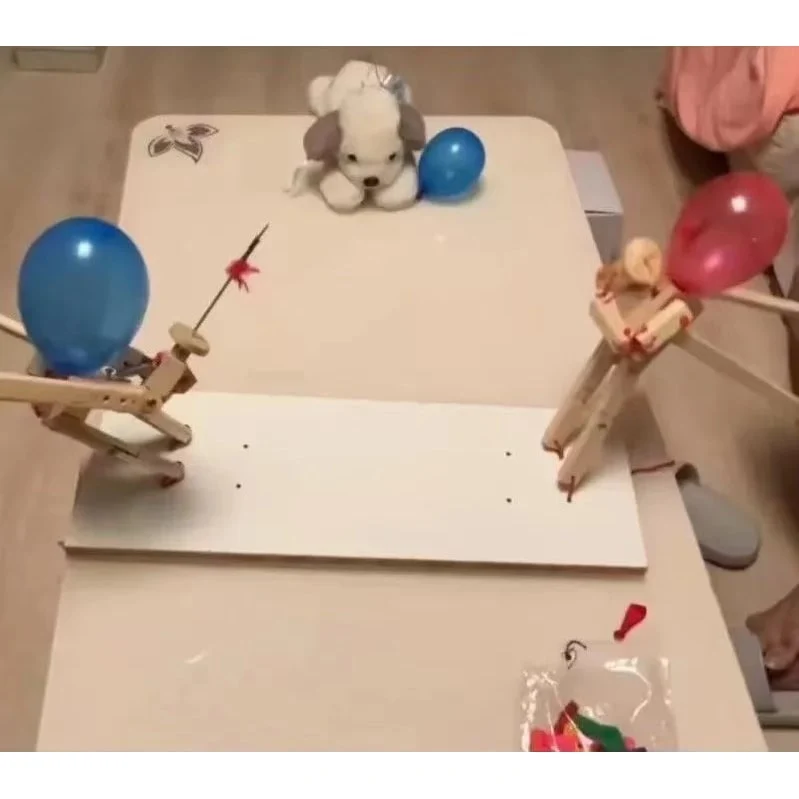 Two-Player Balloon Battle Arcade Game with Wooden Figurines