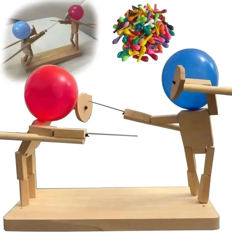 Two-Player Balloon Battle Arcade Game with Wooden Figurines