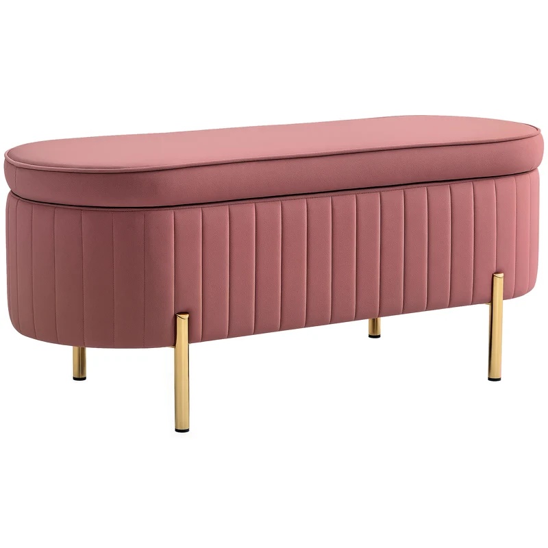 Panca Contenitore Ovale 108x44x43,5 cm Capienza da 72L con Coperchio Sollevabile in Velluto e Legno Rosa