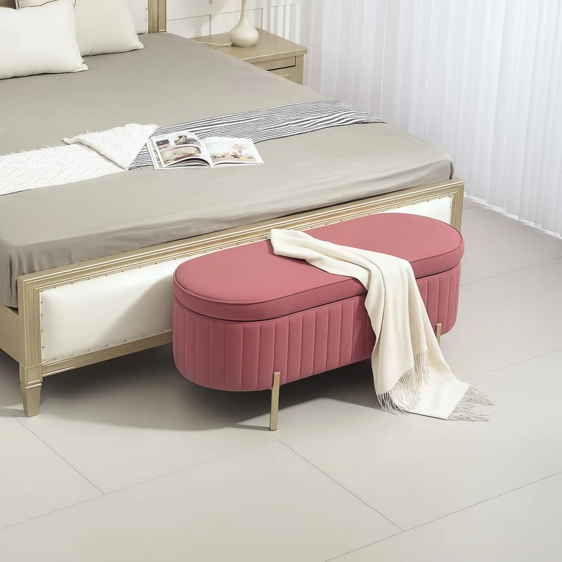 Panca Contenitore Ovale 108x44x43,5 cm Capienza da 72L con Coperchio Sollevabile in Velluto e Legno Rosa