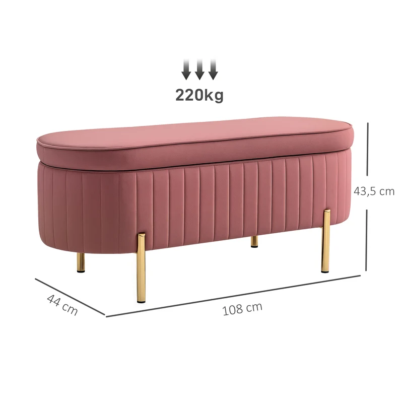 Panca Contenitore Ovale 108x44x43,5 cm Capienza da 72L con Coperchio Sollevabile in Velluto e Legno Rosa