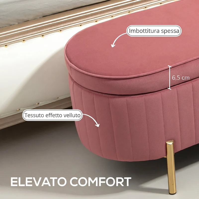 Panca Contenitore Ovale 108x44x43,5 cm Capienza da 72L con Coperchio Sollevabile in Velluto e Legno Rosa