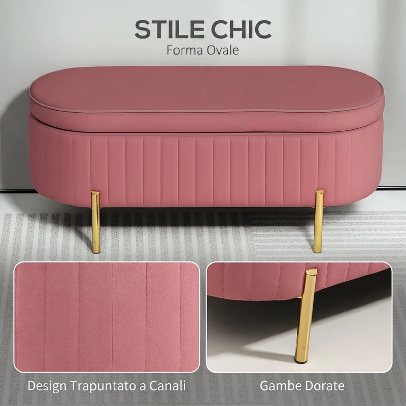 Panca Contenitore Ovale 108x44x43,5 cm Capienza da 72L con Coperchio Sollevabile in Velluto e Legno Rosa
