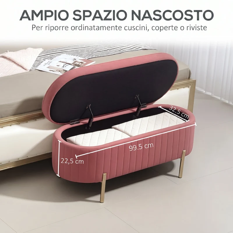 Panca Contenitore Ovale 108x44x43,5 cm Capienza da 72L con Coperchio Sollevabile in Velluto e Legno Rosa