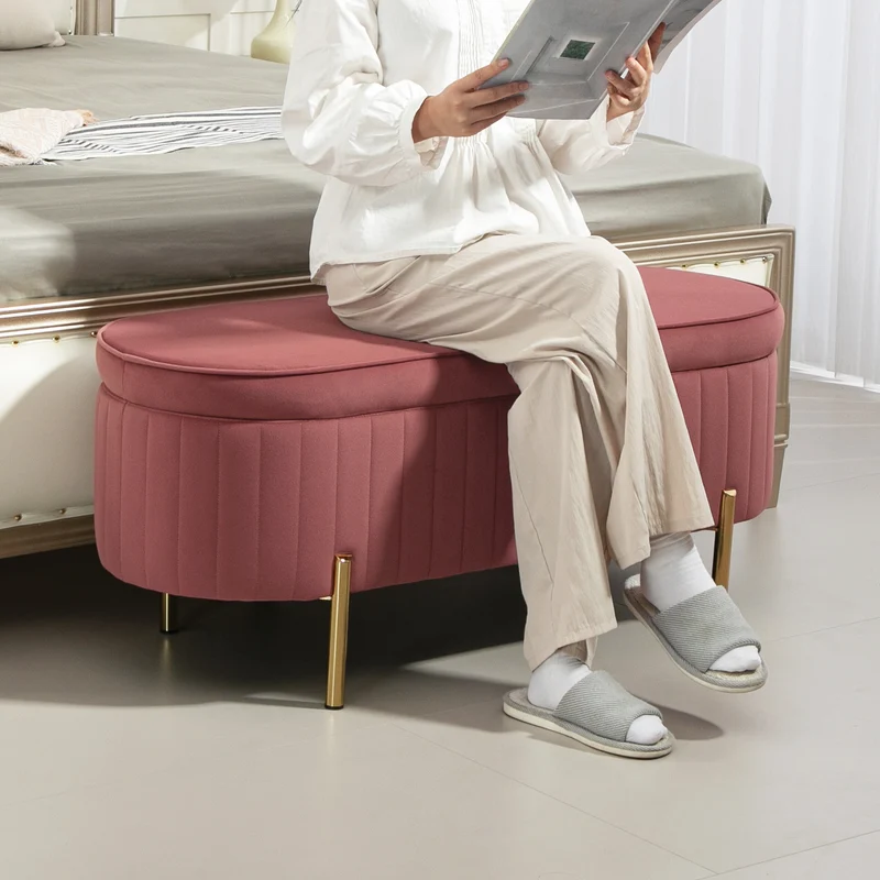 Panca Contenitore Ovale 108x44x43,5 cm Capienza da 72L con Coperchio Sollevabile in Velluto e Legno Rosa