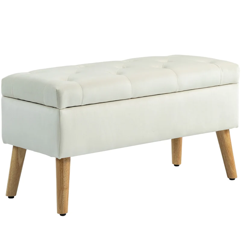 Cassapanca Pouf Contenitore Poggiapiedi 80x35x42 cm in Velluto Gambe in Legno di Caucciù Crema