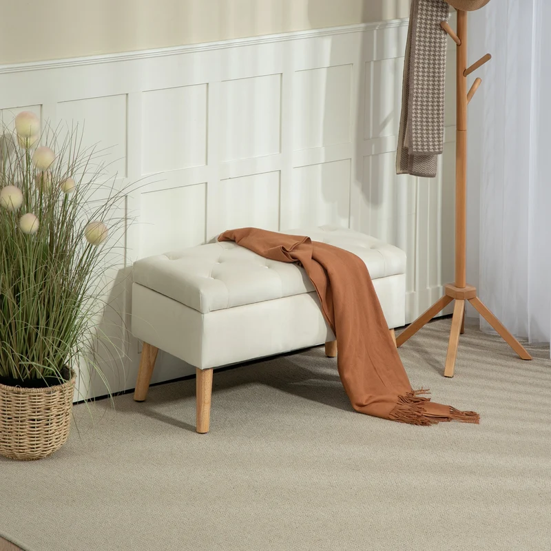 Cassapanca Pouf Contenitore Poggiapiedi 80x35x42 cm in Velluto Gambe in Legno di Caucciù Crema